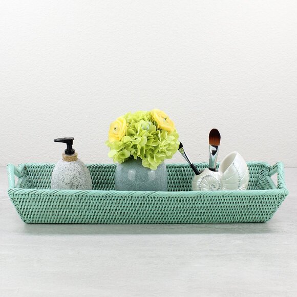 NEW Long Large Tight Woven Rattan Tray with Handles, Sage Leaf NEW Long Large Tight Woven Rattan Tray with Handles, Sage Leaf